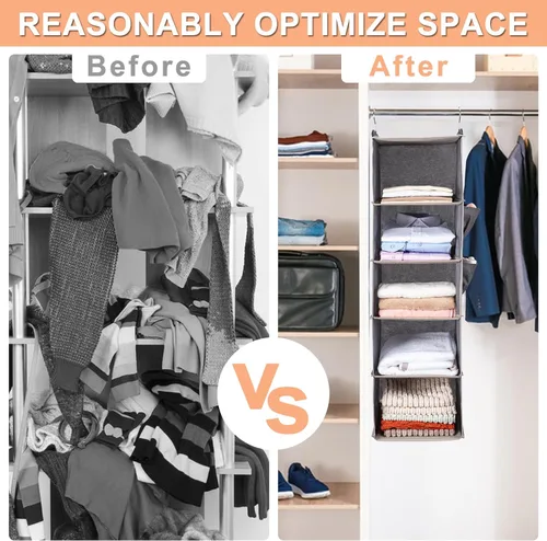 Miniatura 6 de BOOMIBOO Organizador de armario colgante y estantes, 5 estantes colgantes con 2 bolsillos laterales, almacenamiento plegable (negro)