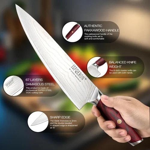Miniatura 6 de Cuchillo de chef japonés, cuchillo de chef de Damasco de 8 pulgadas, acero inoxidable japonés VG10 de alto carbono, hoja forjada a mano de 67 capas