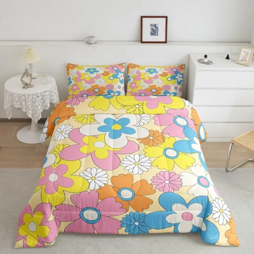 Miniatura 18 de Juego de ropa de cama con estampado floral bohemio, tamaño individual, diseño retro de flores groovy, 60S y 70S, juego de edredón de flores hippie
