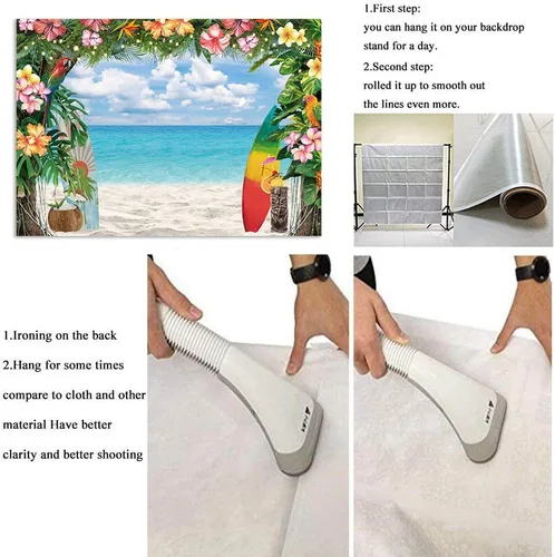 Miniatura 6 de Fondo de playa hawaiana para verano, flores tropicales, fondo de fotografía Luau, tabla de surf, cielo azul, hojas de palma, Aloha, decoraciones