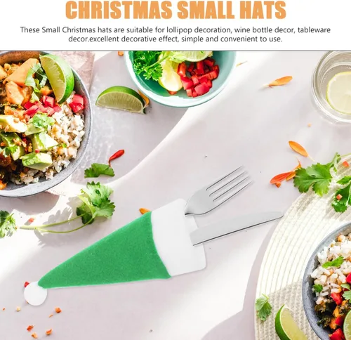 Miniatura 2 de Angoily 10 piezas de mini sombreros de Papá Noel de Navidad, soportes para cubiertos con bolsillos, tapas de botellas de vino, tapas de piruleta