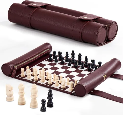 Miniatura 8 de Juego de ajedrez enrollable, tapete de ajedrez plegable de cuero de 11 pulgadas con piezas de ajedrez de madera, juego de ajedrez de viaje portátil