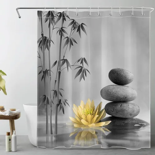 Miniatura 6 de LB Cortina de ducha de spa Zen azul y gris, piedra de bambú gris con flor de lirio de agua azul, cortina de ducha moderna para spa, decoración