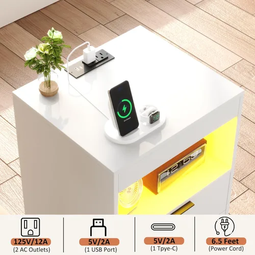 Miniatura 3 de Gadroad - Mesita de noche LED con estación de carga, mesa de noche con 3 cajones y luces LED, mesa auxiliar de sofá con estante extraíble