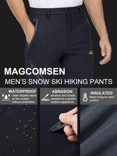 Miniatura 4 de MAGCOMSEN Pantalones de invierno para hombre, pantalones de nieve con forro polar, resistentes al agua, 4 bolsillos con cremallera, pantalones