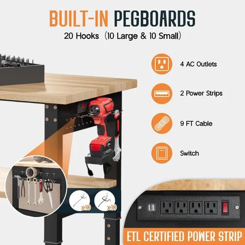 Miniatura 7 de SPECRAFT Banco de trabajo ajustable de 2 niveles de 48 x 20 pulgadas con 4 salidas de CA y 2 puertos USB, banco de trabajo resistente de capacidad