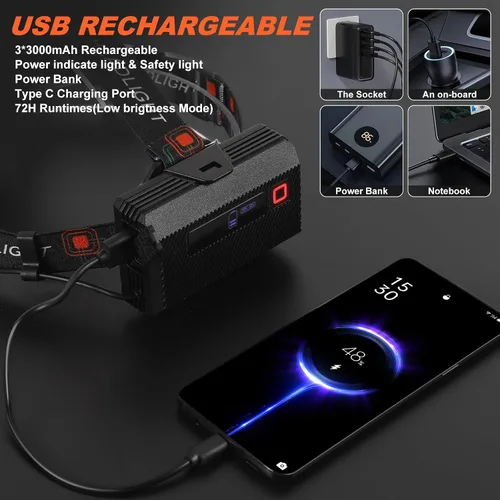 Miniatura 4 de Linterna frontal LED recargable, 3000 lúmenes, potencia de batería, 9 modos, batería de larga duración de 72 horas, sensor de movimiento, luz roja