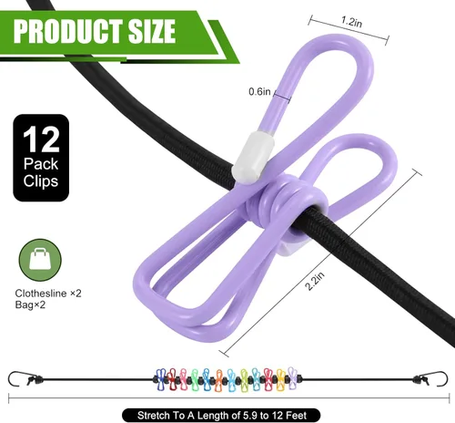Miniatura 7 de Paquete de 2 tendederos portátiles para acampar, 12 pinzas para la ropa, accesorios de camping, tendedero de viaje para interiores y exteriores