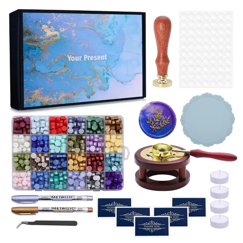 SWANGSA Kit de sellado de cera con caja de regalo, 24 colores, 700 cuentas de cera de sellado con sello de eucalipto, horno, bolígrafo, tarjetas de