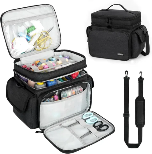 LEFOR·Z Organizador de suministros de costura (10.5 x 8 x 9 pulgadas), bolsa de almacenamiento de accesorios de costura de doble capa, caja de Negro