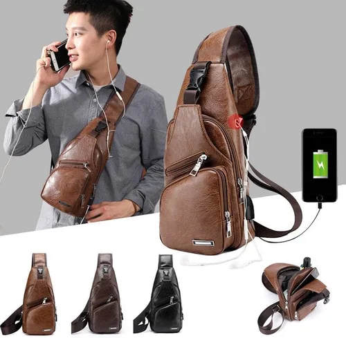 Miniatura 2 de Bolso de carga USB para hombre, bolso de pecho para hombre, bolso de hombro de PVC PU personalizado, paquete diagonal, bolsa de viaje de mensajero