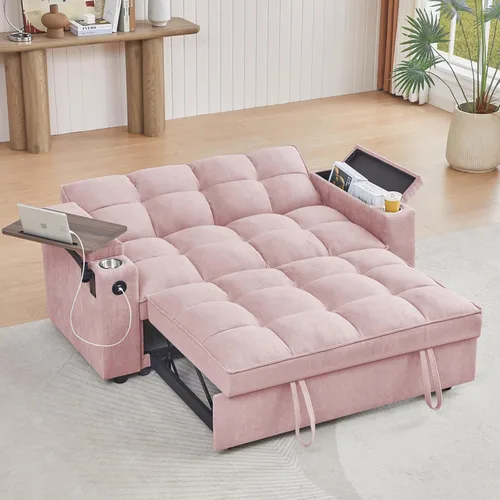 hansones ​​Sofá cama extraíble multifuncional de 66 pulgadas con mesa auxiliar oculta, reposabrazos de almacenamiento, puerto de carga integrado,