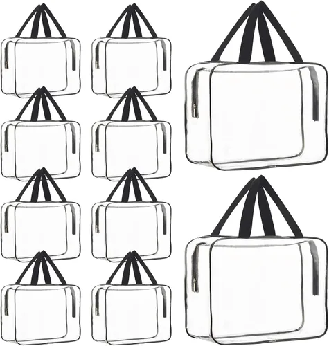 Paquete de 10 bolsas de maquillaje transparentes grandes con cremallera superior y asas, organizador de almacenamiento transparente de PVC