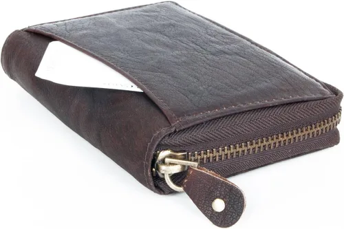 Miniatura 2 de FLW Cartera grande de piel auténtica engrasada con cremallera y tiburón marrón oscuro, Marrón oscuro, Cartera con cremallera