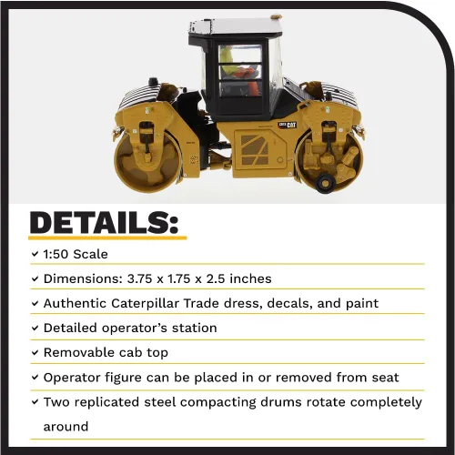 Miniatura 4 de Diecast Masters Compactador vibratorio Caterpillar CB-13 a escala 1:50 con cabina cerrada Camiones Cat Series High Line y equipos de construcción