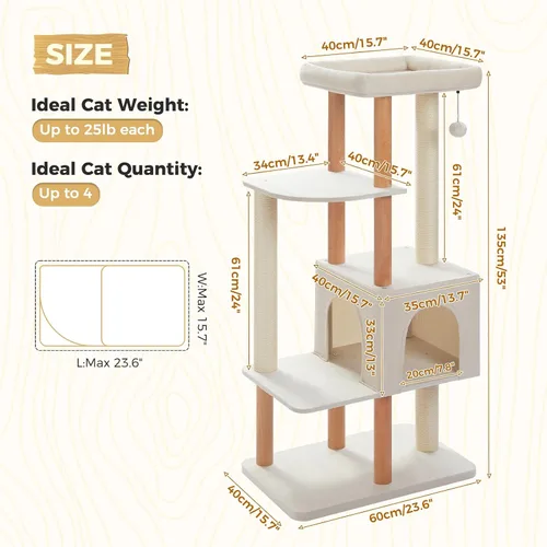 Miniatura 2 de PAWZ Road Árbol grande para gatos, torre de madera moderna de 53 pulgadas para gatos grandes de interior, condominios para gatos de varios niveles