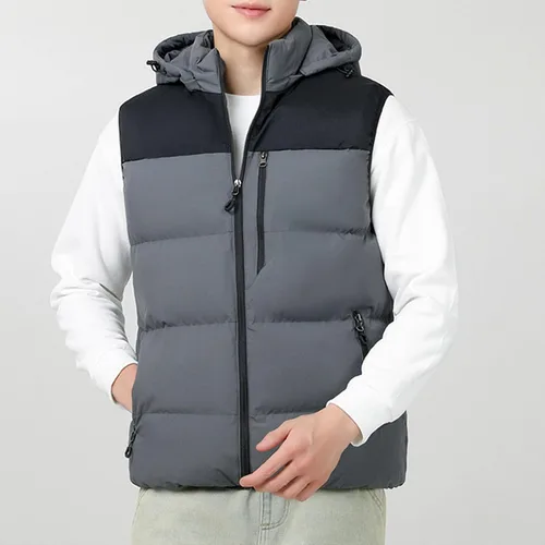 Miniatura 2 de Chaleco de invierno para hombre, acolchado, sin mangas, con capucha extraíble, informal, con cremallera y cálido.