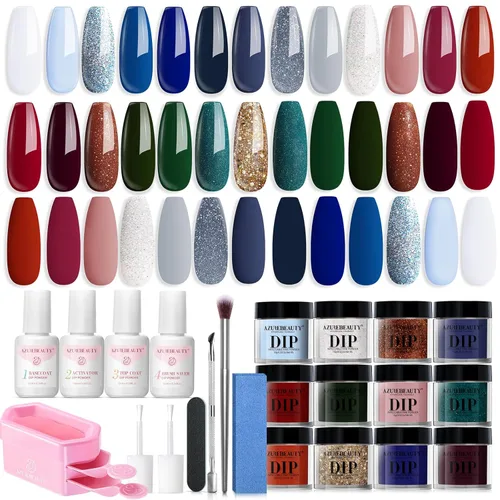 AzureBeauty Kit de iniciación de polvo de inmersión para uñas, color azul, rojo, verde, purpurina, 31 piezas, 20 colores, polvo de inmersión,