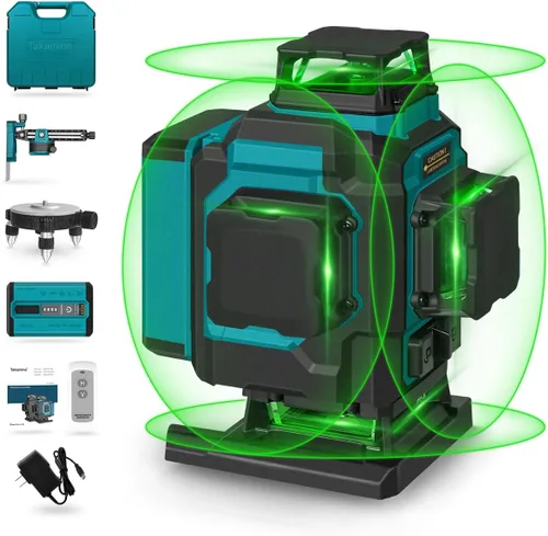 Takamine 16 líneas de nivel láser verde Pro, 4x360° 4D línea cruzada verde profesional para construcción, dos láseres de nivel 360° verticales y dos