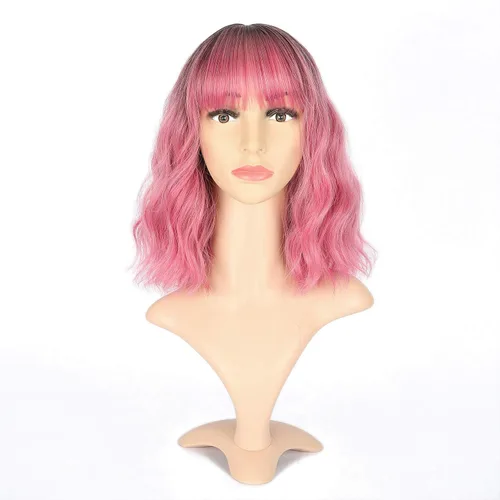 Miniatura 12 de VCKOVCKO Pelucas cortas de ondas naturales peluca marrón natural con flequillo de aire, para mujer, longitud al hombro, rizadas, onduladas, A