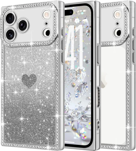 Miniatura 47 de Funda para iPhone 13, funda de diamantes de imitación de lujo con patrón de corazón de amor de cristal [papel con purpurina extraíble], parachoques