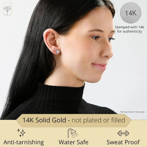 Miniatura 2 de MAX + STONE Aretes redondos de oro de 14 quilates, piedra natal de 0.236 pulgadas, piedras preciosas de oro real para mujer