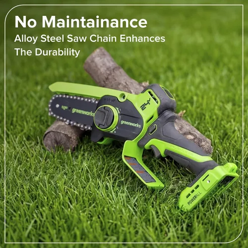 Miniatura 9 de Greenworks Mini motosierra sin escobillas de 24 V y 4 pies (engrasador automático, tensión sin herramientas, ultraligera), batería y cargador