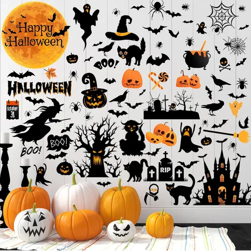 Miniatura 4 de Haull 6 hojas de calcomanías de pared de Halloween, calcomanías de pared reutilizables para ventana de Halloween, acuarela, bruja, murciélagos