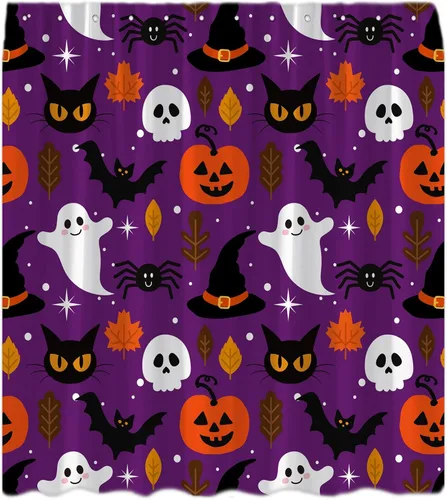 Miniatura 12 de Cortina de ducha azul de Halloween, linda cortina de baño de fantasma, terror, calabaza, espeluznante, gato negro, calavera aterradora, murciélago