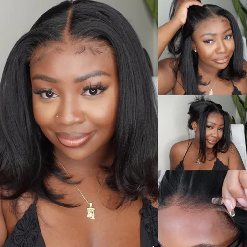 Miniatura 26 de Nadula Pelucas de cabello humano lacio Yaki sin pegamento con encaje frontal de 7 x 5 pulgadas, nudos invisibles, predepilados, pretodo, 3S, listo