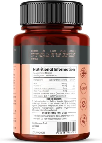 Miniatura 2 de Alta absorción 5HTP 300mg x 90 tabletas - 3 meses de suministro. con vitamina C, B6 y extracto de pimienta negra