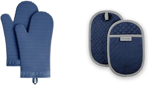 Miniatura 9 de KitchenAid Juego de guantes de horno de silicona suave acanalados, color sauce azul, juego de 4 toallas de cocina Albany, algodón, sauce