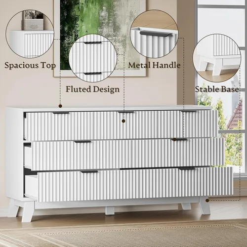 Miniatura 5 de BORNOON Cómoda de 57 pulgadas de largo para dormitorio, baúl acanalado de 7 cajones, cómoda ancha de almacenamiento de madera con rieles y asas