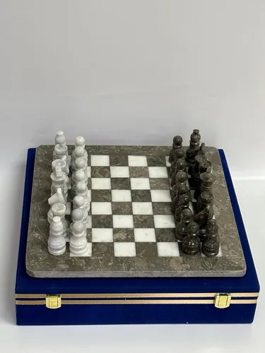 Miniatura 4 de Juego de ajedrez de mármol hecho a mano de 15 pulgadas con caja de regalo de terciopelo azul, tablero de ajedrez de piedra y piezas talladas