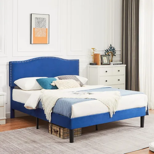Miniatura 5 de VECELO Base de cama tamaño Queen, base de cama de plataforma con cabecera tapizada de altura ajustable, marcos resistentes y fuerte soporte