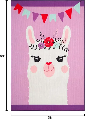Miniatura 3 de Home Dynamix Everwash Imagine Llama Kids Alfombra lavable a máquina, morado/blanco, 3 x 5 pies