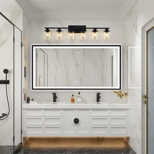 Miniatura 7 de 6 Luces de Tocador de Baño de Negro Mate con Vidrio Transparente y Base de Metal, Luces de Tocador Negras para Baño Sobre Espejo