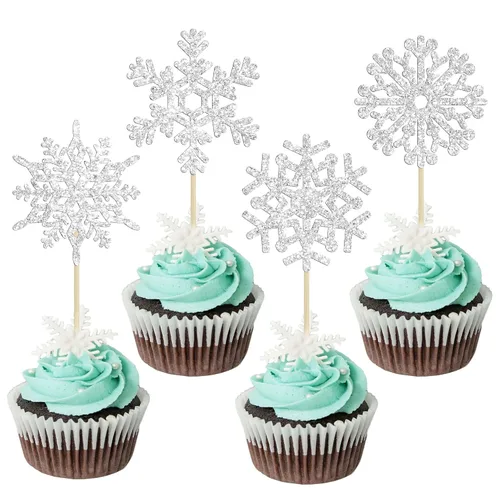 Miniatura 19 de Gyufise Paquete de 24 adornos de copos de nieve Oh Baby para cupcakes con purpurina azul Frozen Oh Baby Pick Decoraciones para baby shower