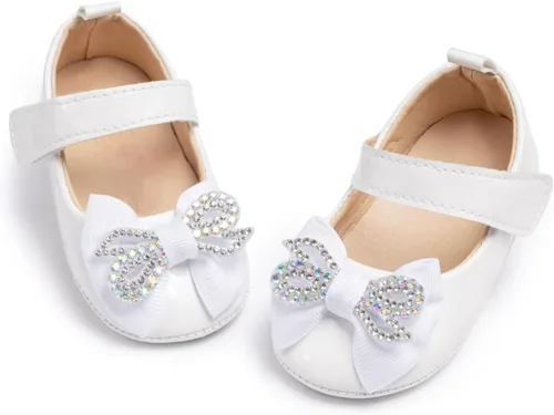 Zapatos planos Mary Jane para bebés y niñas, suela de goma antideslizante con Bownot para primeros pasos, zapatos de vestir de boda de princesa