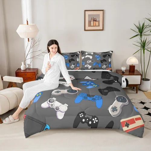 Miniatura 35 de Manfei Juego de edredón moderno de 2 piezas con estampado de consola de videojuegos de panal azul con 1 funda de almohada, juego de ropa de cama