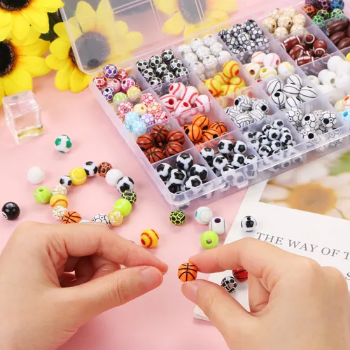 Miniatura 3 de EVERMARKET 400 cuentas de bolas deportivas para hacer joyas, cuentas deportivas acrílicas a granel, béisbol, baloncesto, fútbol, voleibol, sóftbol