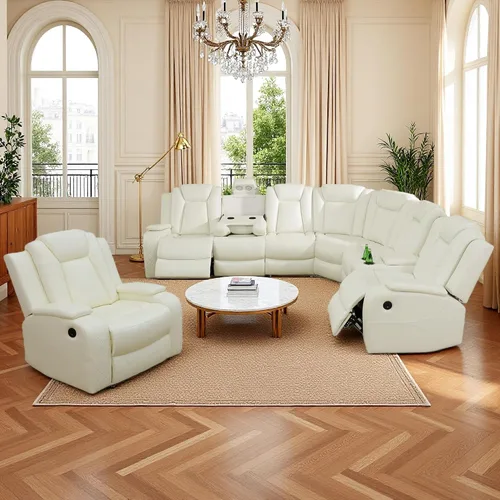 Miniatura 10 de Juego de sofá reclinable eléctrico, sofás reclinables de cuero negro, 3 piezas de sofá reclinable de cuero de aire y silla de dos plazas con luces