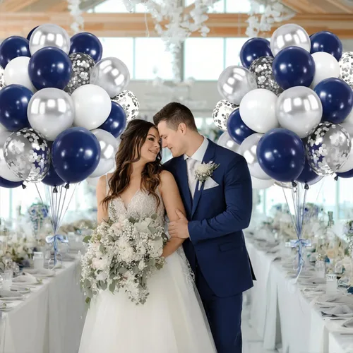 Miniatura 5 de Kit de globos azul marino plateado, 50 piezas de globos de 12 pulgadas azul real oscuro metálico plateado blanco con globos de látex con confeti