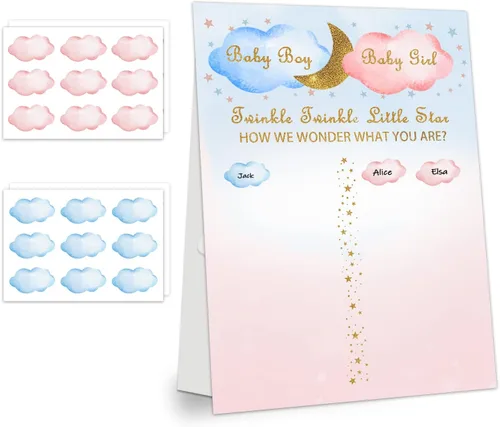 Juego de fiesta de revelación de género para niño o niña, tablero de póster de revelación de género azul y rosa con calcomanías, kit de juegos de