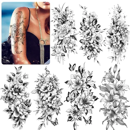 EMOME 12 hojas de tatuajes temporales sexys para mujeres, flores de medio brazo, manga de tatuajes falsos, calcomanías de tatuaje realistas para