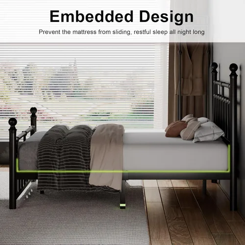 Miniatura 6 de Feonase Base de cama de plataforma de metal de tamaño matrimonial con cabecero y estribo clásico victoriano, listones resistentes, almacenamiento