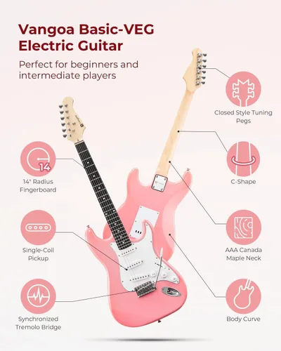 Miniatura 3 de Vangoa - Kit de guitarra eléctrica de tamaño completo de 39 pulgadas para principiantes, cuerpo sólido, color rosa, con pastillas SSS, amplificador