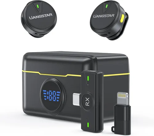 LIANGSTAR Micrófono Lavalier inalámbrico para iPhone/Android, mini micrófono con estuche de carga con cancelación de ruido, duración de la batería