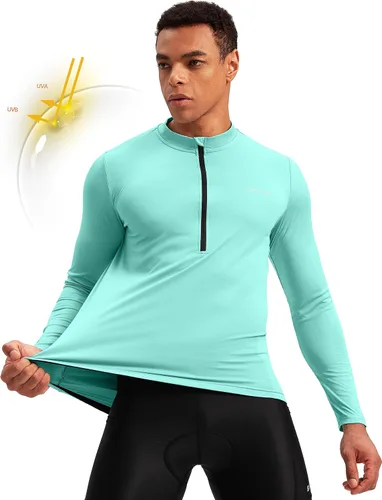 Miniatura 2 de Bikewa Maillot de ciclismo para hombre con 3+1 bolsillos traseros con cremallera, manga larga, absorción de humedad, UPF 50+ media cremallera