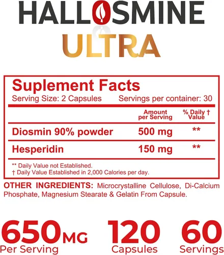 Miniatura 9 de Hallusa Natural Hallosmine Ultra Circulation & Vein Support, Diosmin Hesperdin 650 mg, hinchazón de pies, tobillos y piernas, venas visibles, flujo